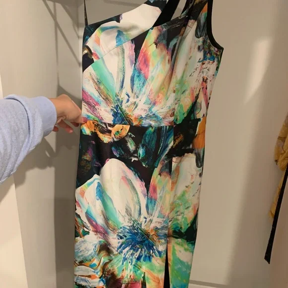 Black Halo One Shoulder Abstract Multicolored Floral Midi Dress w/ Side Slit. - Picture 2 of 5